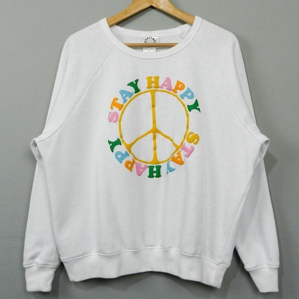 Revolution33 Sweatshirt Size L White Stay Happy Puffy Graphic Athleisure Raglan